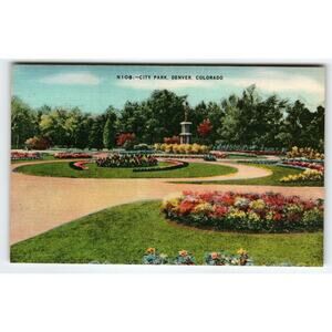 City Park Statue Flowers Denver Colorado Linen Postcard Vintage Post Card Unused